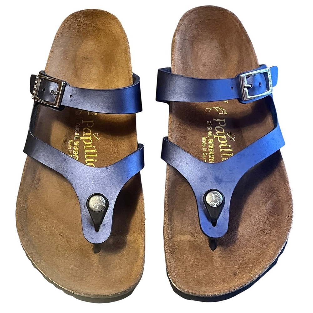 Papillio Birkenstock Navy Blue Rhinestone Buckle Thong Sandals Women 9 EU 40